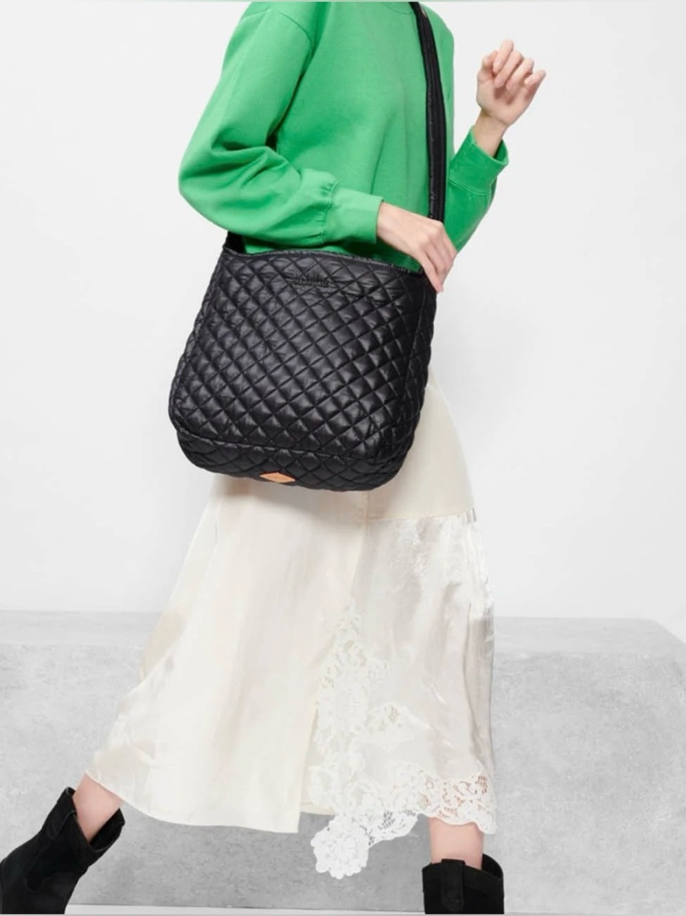 MZ Wallace Black Quilted Shoulder Bag with Tan Logo Patch